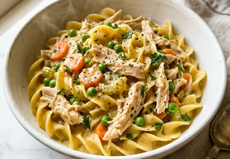 Close-up of creamy slow cooker chicken pot pie pasta with tender chicken and vegetables