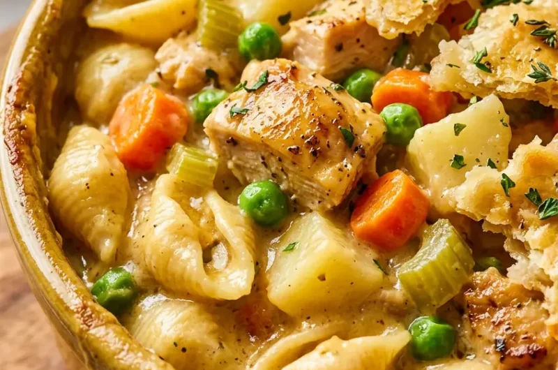 Pinterest pin for easy slow cooker chicken pot pie pasta recipe