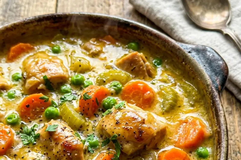 Pinterest pin for easy slow cooker chicken pot pie recipe