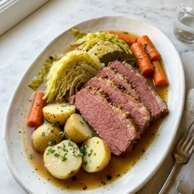 Tender slow cooker corned beef and cabbage with potatoes and carrots on a serving platter