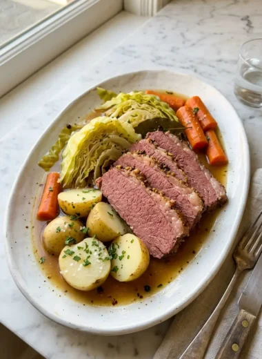 Tender slow cooker corned beef and cabbage with potatoes and carrots on a serving platter