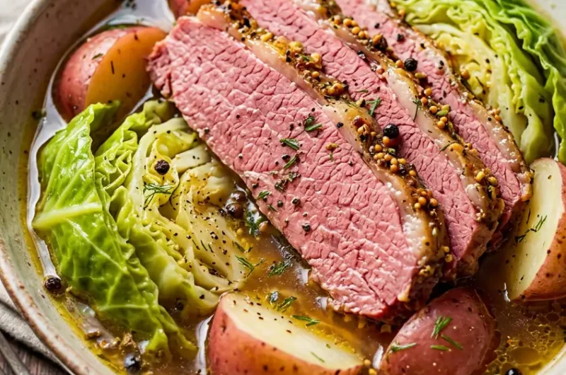 Pinterest pin for easy slow cooker corned beef and cabbage recipe