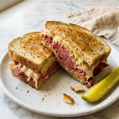 Close-up of slow cooker corned beef Reuben sandwich with melted cheese and pickles on white plate