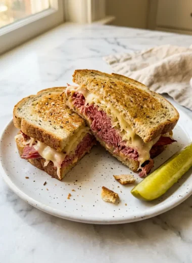 Close-up of slow cooker corned beef Reuben sandwich with melted cheese and pickles on white plate