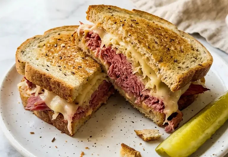 Close-up of slow cooker corned beef Reuben sandwich with melted cheese and pickles on white plate