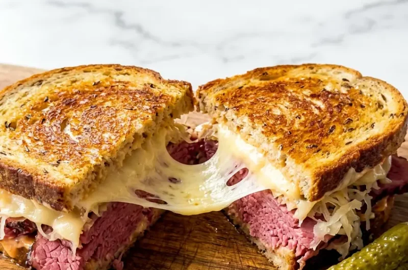 Pinterest pin image for easy slow cooker corned beef Reuben sandwich recipe