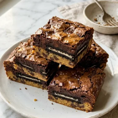 Slutty brownies with three layers: cookie dough base, crushed Oreos, and fudgy brownie top