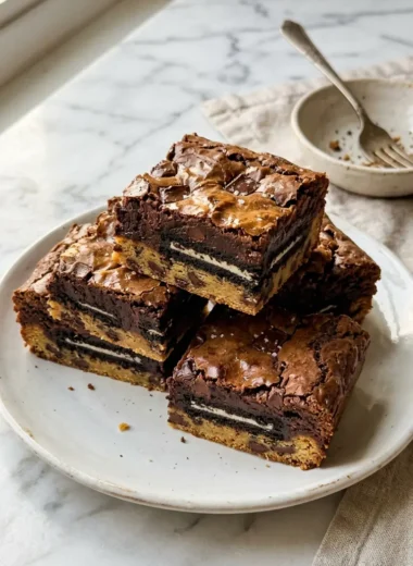 Slutty brownies with three layers: cookie dough base, crushed Oreos, and fudgy brownie top