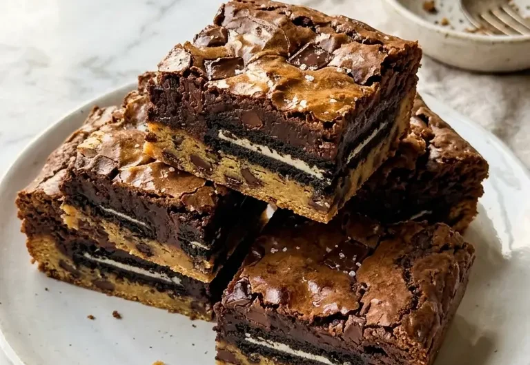 Slutty brownies with three layers: cookie dough base, crushed Oreos, and fudgy brownie top