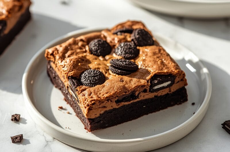 Slutty brownies with cookie dough showing three decadent layers