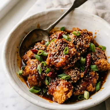 Spicy dragon chicken with crispy golden pieces coated in sweet and spicy sauce