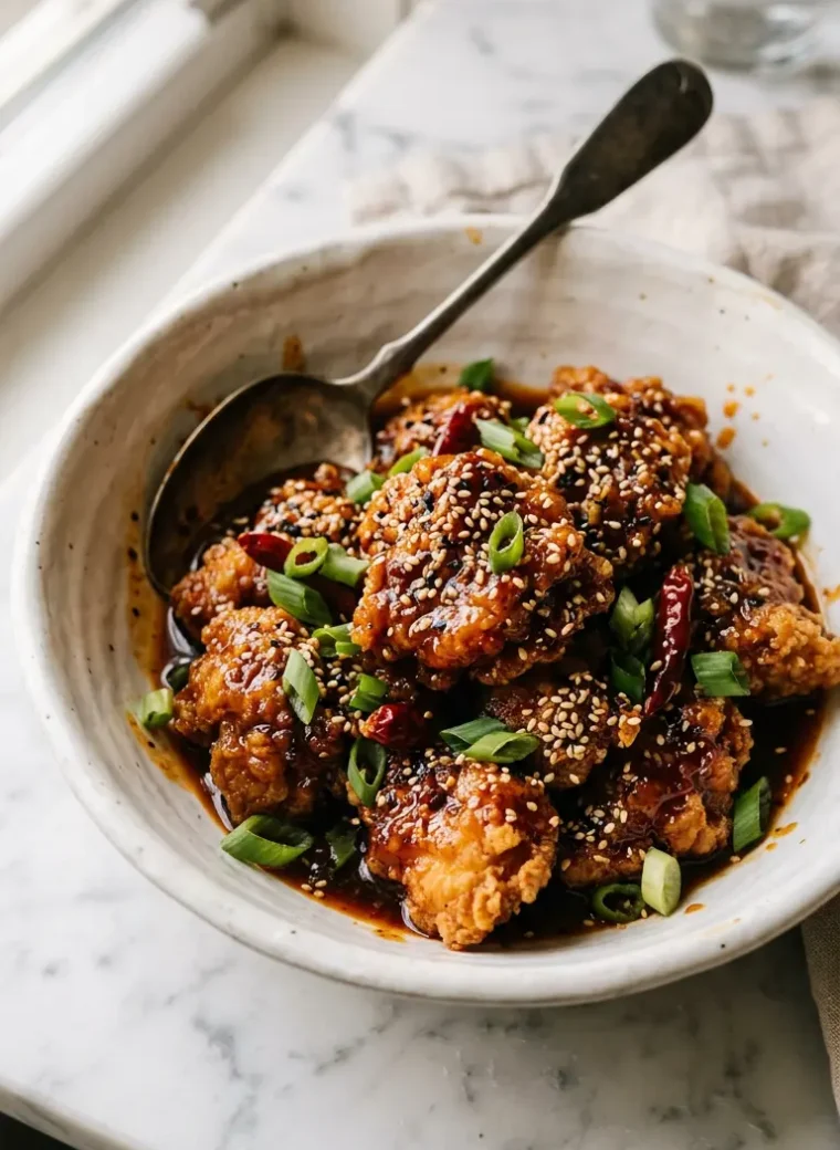 Spicy dragon chicken with crispy golden pieces coated in sweet and spicy sauce