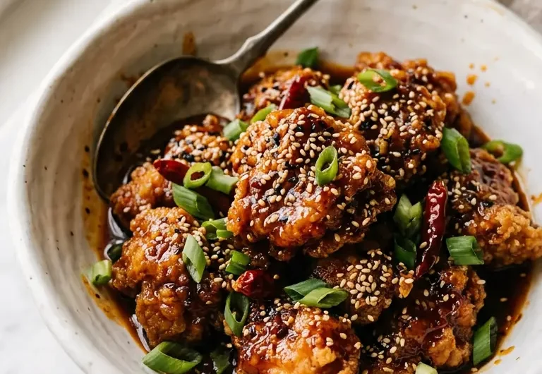 Spicy dragon chicken with crispy golden pieces coated in sweet and spicy sauce
