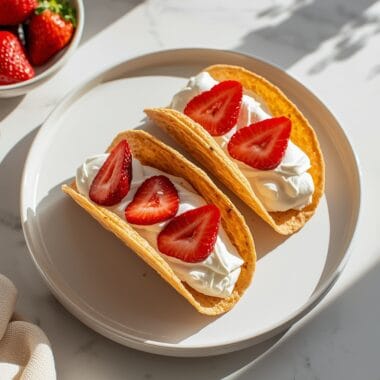 Strawberry Crunch Cheesecake Tacos with crispy shell and fresh strawberries