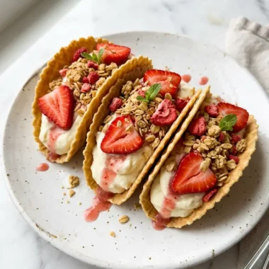 Strawberry Crunch Cheesecake Tacos with fresh strawberries and creamy filling in crispy shells