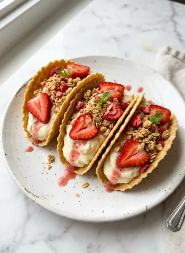 Strawberry Crunch Cheesecake Tacos with fresh strawberries and creamy filling in crispy shells