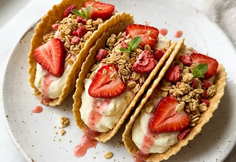 Strawberry Crunch Cheesecake Tacos with fresh strawberries and creamy filling in crispy shells