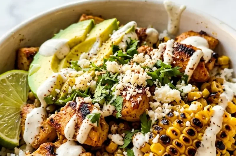 Pinterest pin image for street corn chicken bowl with charred corn, avocado, and creamy sauce