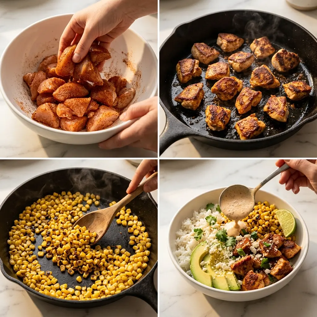 4-step cooking process collage for street corn chicken bowl showing seasoning, searing, charring corn, and assembling