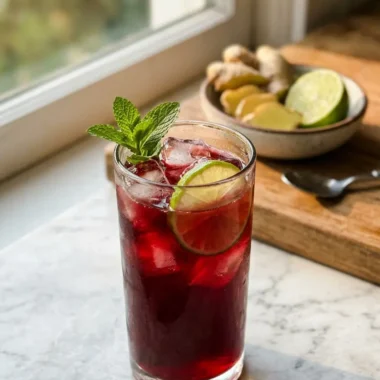 Tart cherry magnesium mocktail in a glass with ice and lime wheel garnish