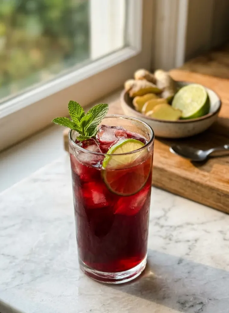 Tart cherry magnesium mocktail in a glass with ice and lime wheel garnish