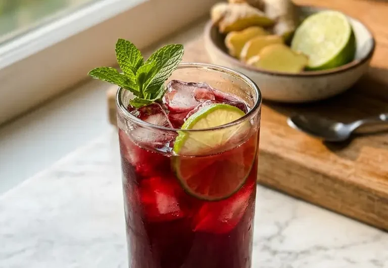 Tart cherry magnesium mocktail in a glass with ice and lime wheel garnish