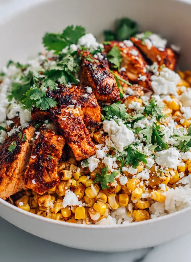 A finished tasty street corn chicken bowl ready to be eaten on a marble counter.