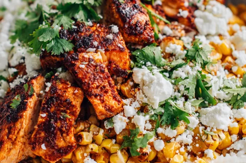 A finished tasty street corn chicken bowl ready to be eaten on a marble counter.