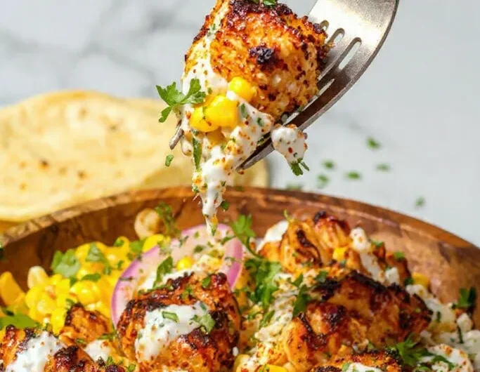 A fork scooping a perfect bite of a tasty street corn chicken bowl.