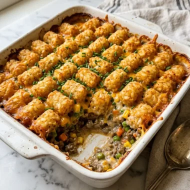 Tater tot casserole with ground beef in a white baking dish with golden crispy tots and melted cheddar cheese