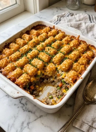 Tater tot casserole with ground beef in a white baking dish with golden crispy tots and melted cheddar cheese
