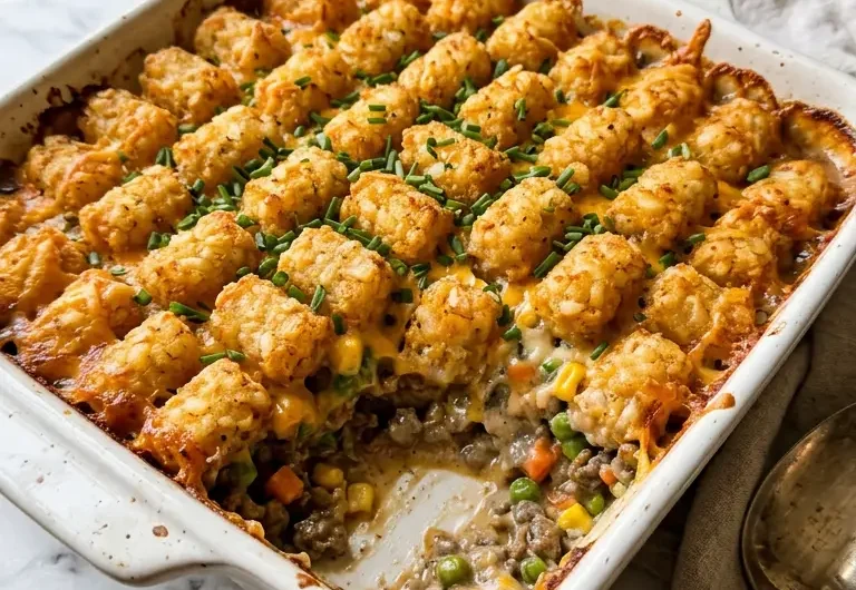 Tater tot casserole with ground beef in a white baking dish with golden crispy tots and melted cheddar cheese