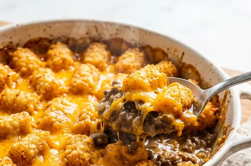 Pinterest pin image for tater tot casserole with ground beef showing golden crispy tots and melted cheddar