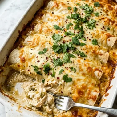 Creamy white chicken enchiladas baked golden in a white ceramic baking dish with bubbling white sauce and melted cheese