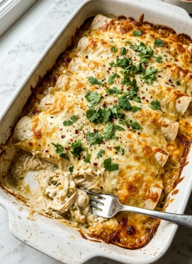 Creamy white chicken enchiladas baked golden in a white ceramic baking dish with bubbling white sauce and melted cheese