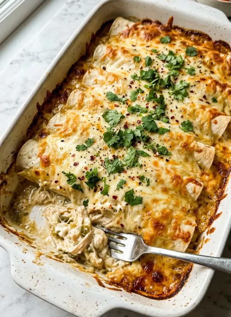 Creamy white chicken enchiladas baked golden in a white ceramic baking dish with bubbling white sauce and melted cheese
