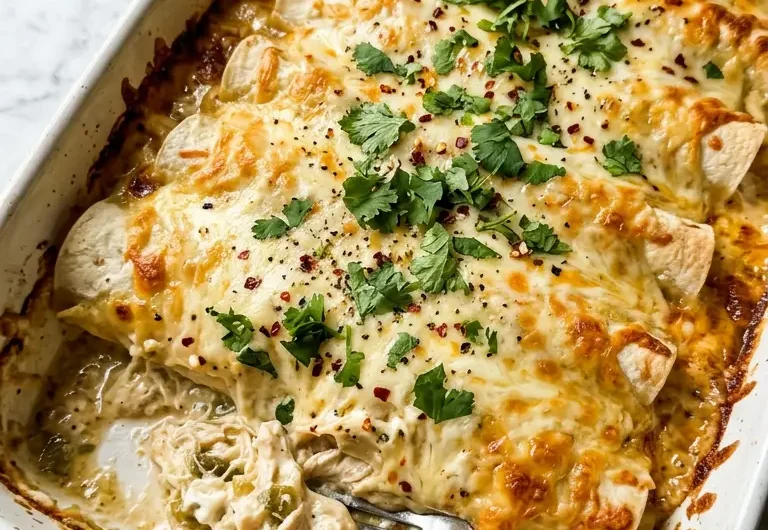 Creamy white chicken enchiladas baked golden in a white ceramic baking dish with bubbling white sauce and melted cheese