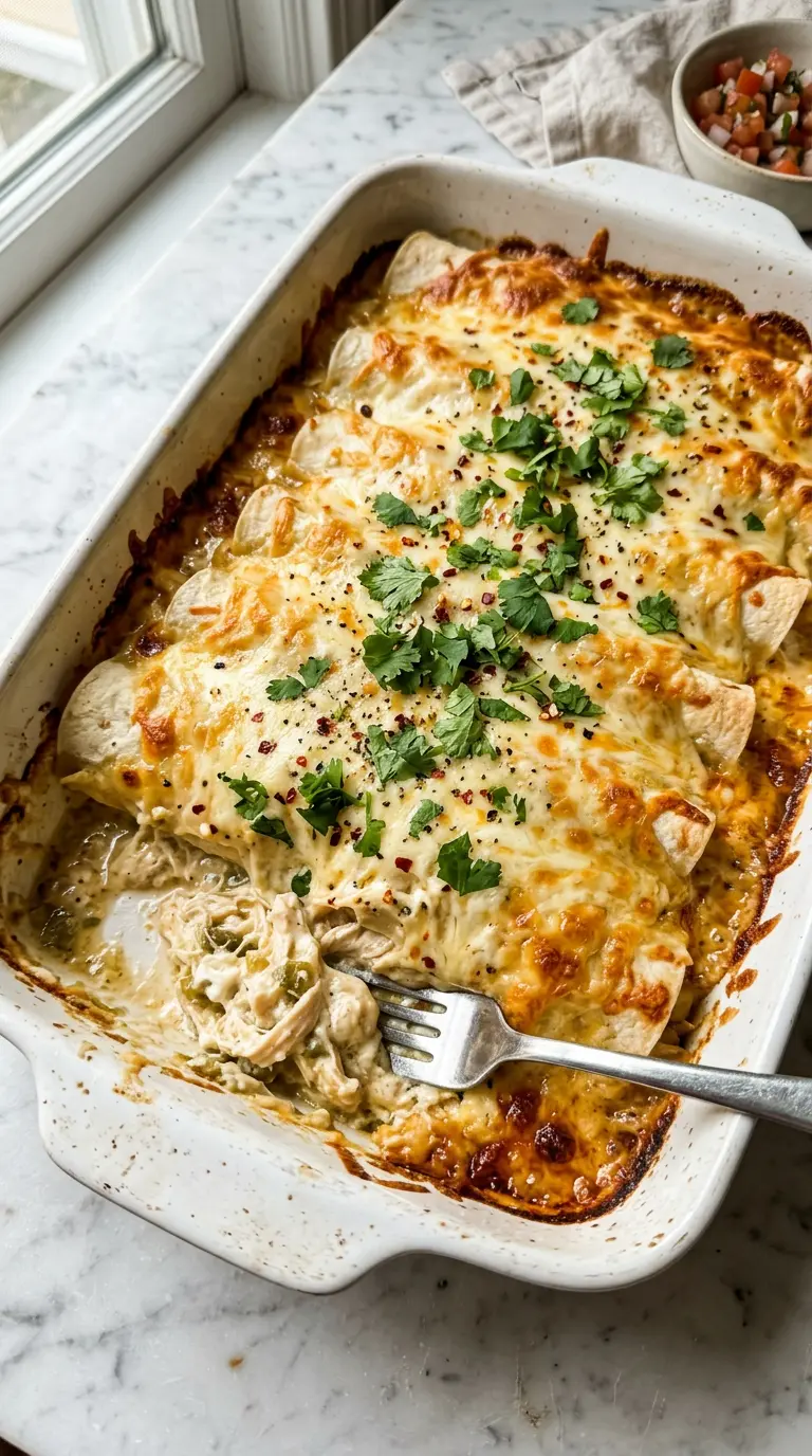 Creamy white chicken enchiladas baked golden in a white ceramic baking dish with bubbling white sauce and melted cheese