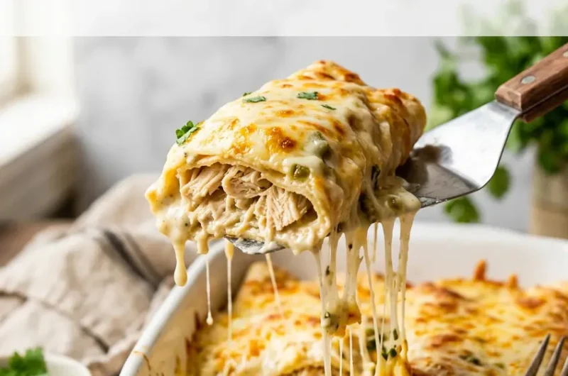 Pinterest pin image of creamy white chicken enchiladas being lifted from a baking dish with stretchy melted cheese