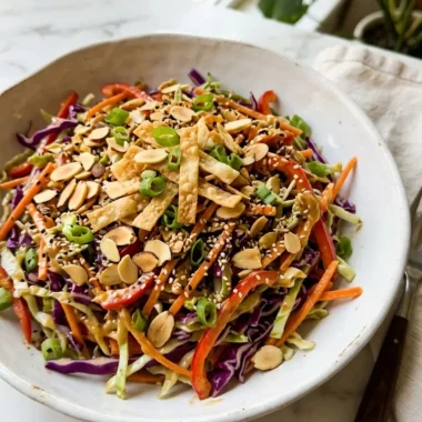 Asian crunch salad in a white ceramic bowl with peanut sesame dressing and wonton strips