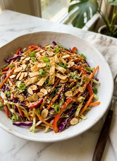 Asian crunch salad in a white ceramic bowl with peanut sesame dressing and wonton strips