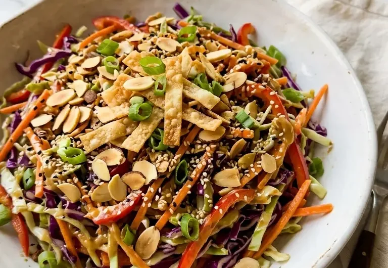 Asian crunch salad in a white ceramic bowl with peanut sesame dressing and wonton strips