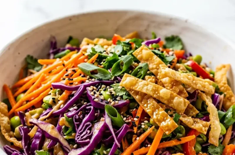 Pinterest pin image for Asian crunch salad with peanut sesame dressing and crispy toppings