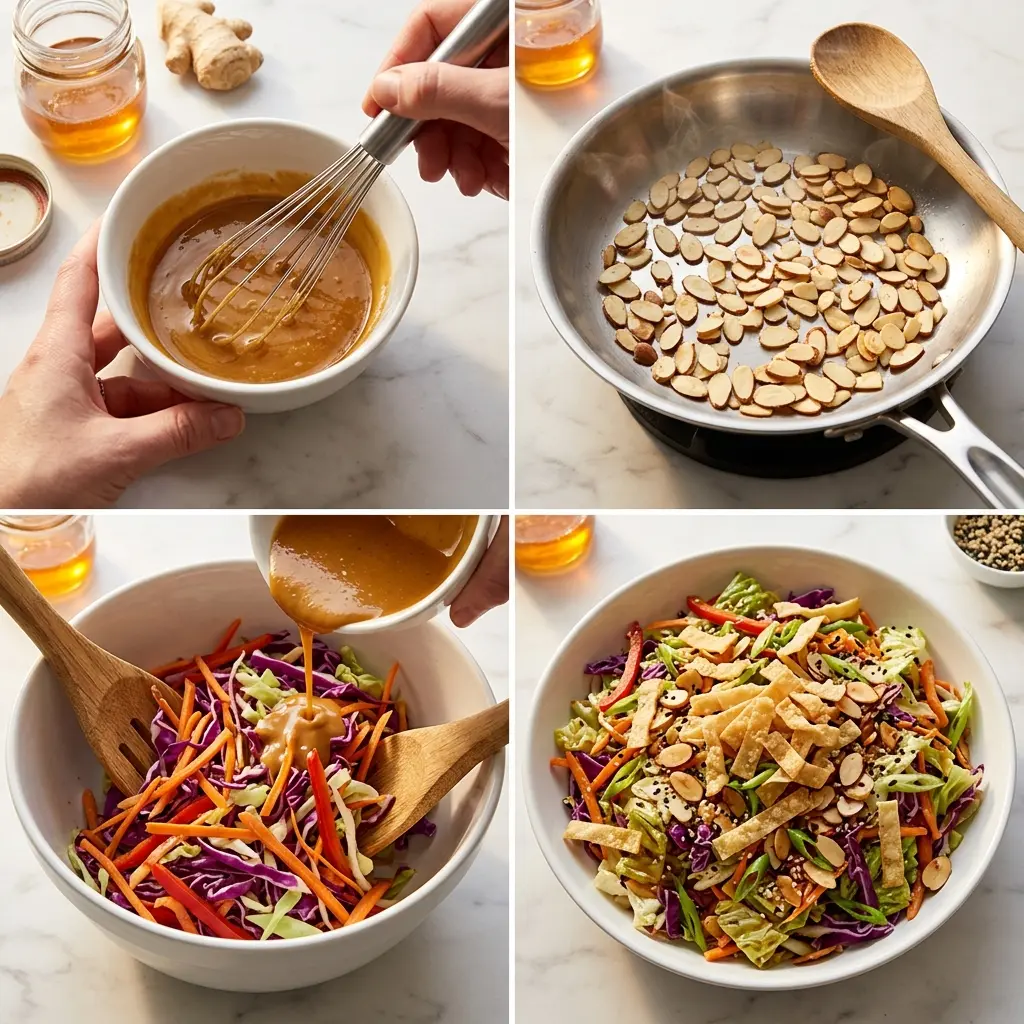 4-step cooking process collage for Asian crunch salad showing dressing, toasting, tossing, and plating