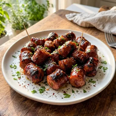 BBQ Sausage Bites with honey BBQ glaze on white ceramic platter with parsley garnish