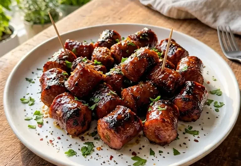 BBQ Sausage Bites with honey BBQ glaze on white ceramic platter with parsley garnish
