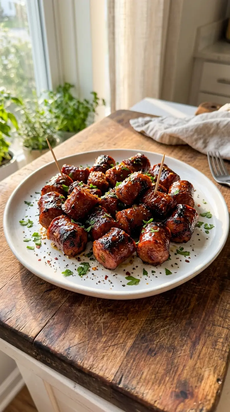 BBQ Sausage Bites with honey BBQ glaze on white ceramic platter with parsley garnish