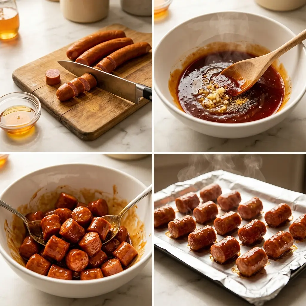 4-step cooking process collage for BBQ Sausage Bites showing prep, sauce making, coating, and baking