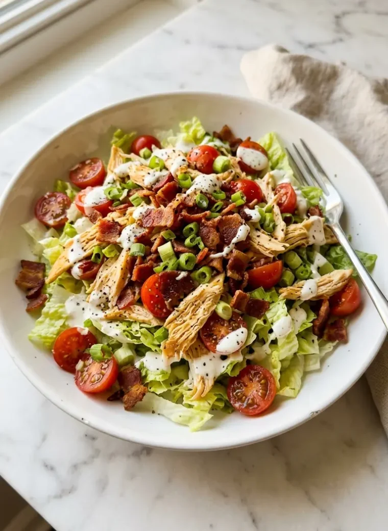 BLT chicken salad in a white ceramic bowl with crispy bacon, tomatoes, and creamy dressing on white marble