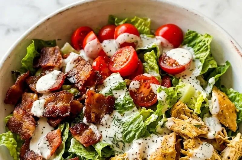 Pinterest pin image for BLT chicken salad with crispy bacon and creamy dressing